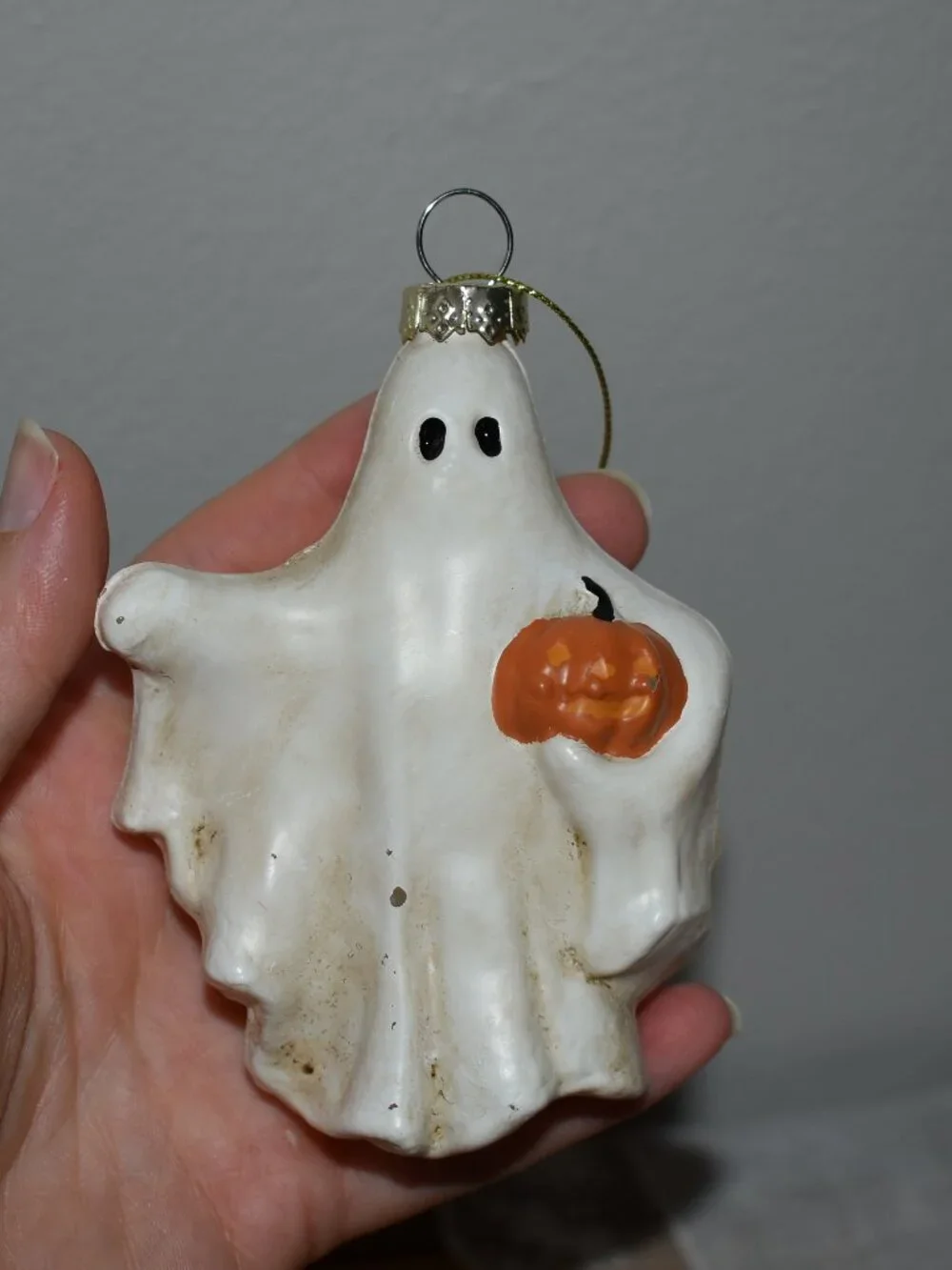 Vintage Retro Glass Spooky Sheet Ghost Jack O Lantern Pumpkin Halloween Ornament